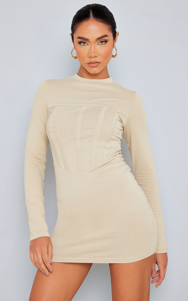 Stone Cotton Binding Detail Long Sleeve Bodycon Dress image 1