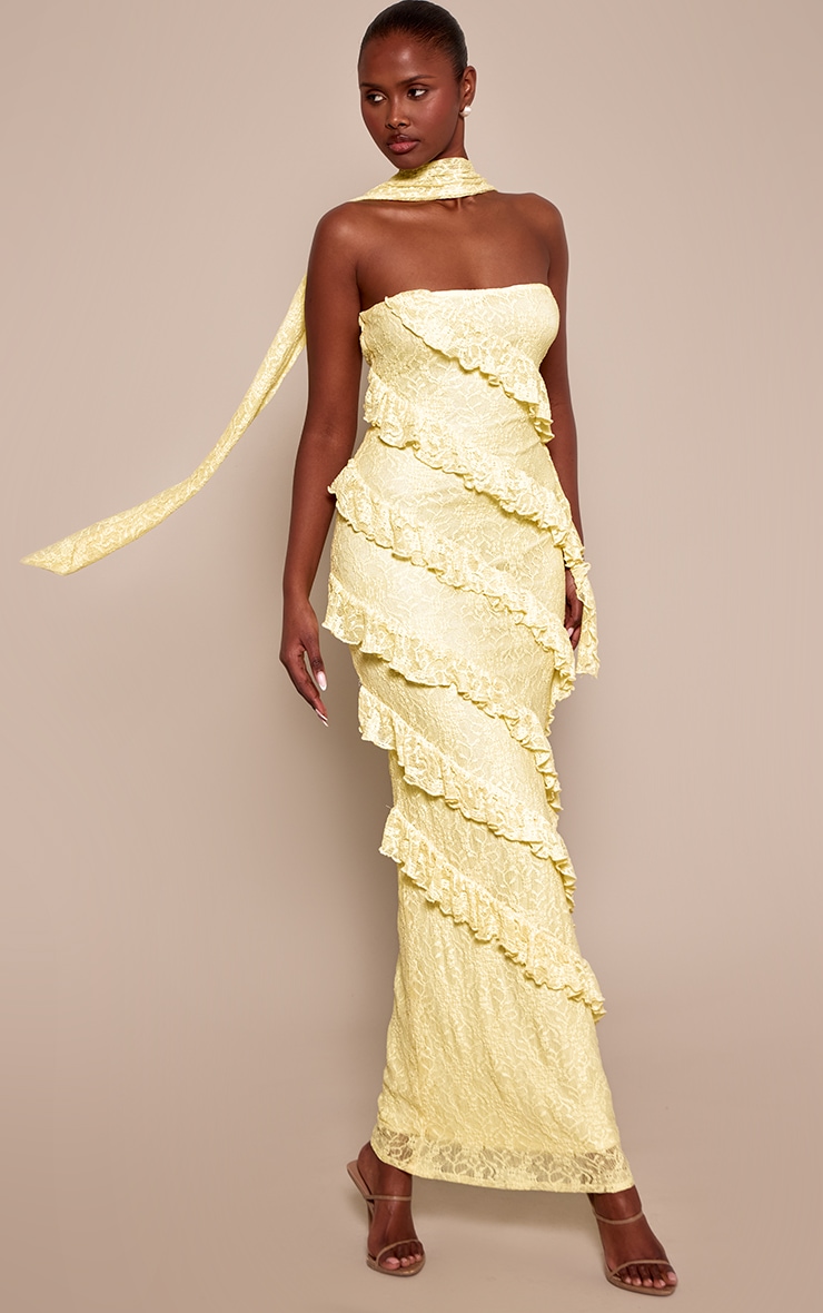 Robe longue asymétrique en dentelle jaune citron à détail foulard image 3