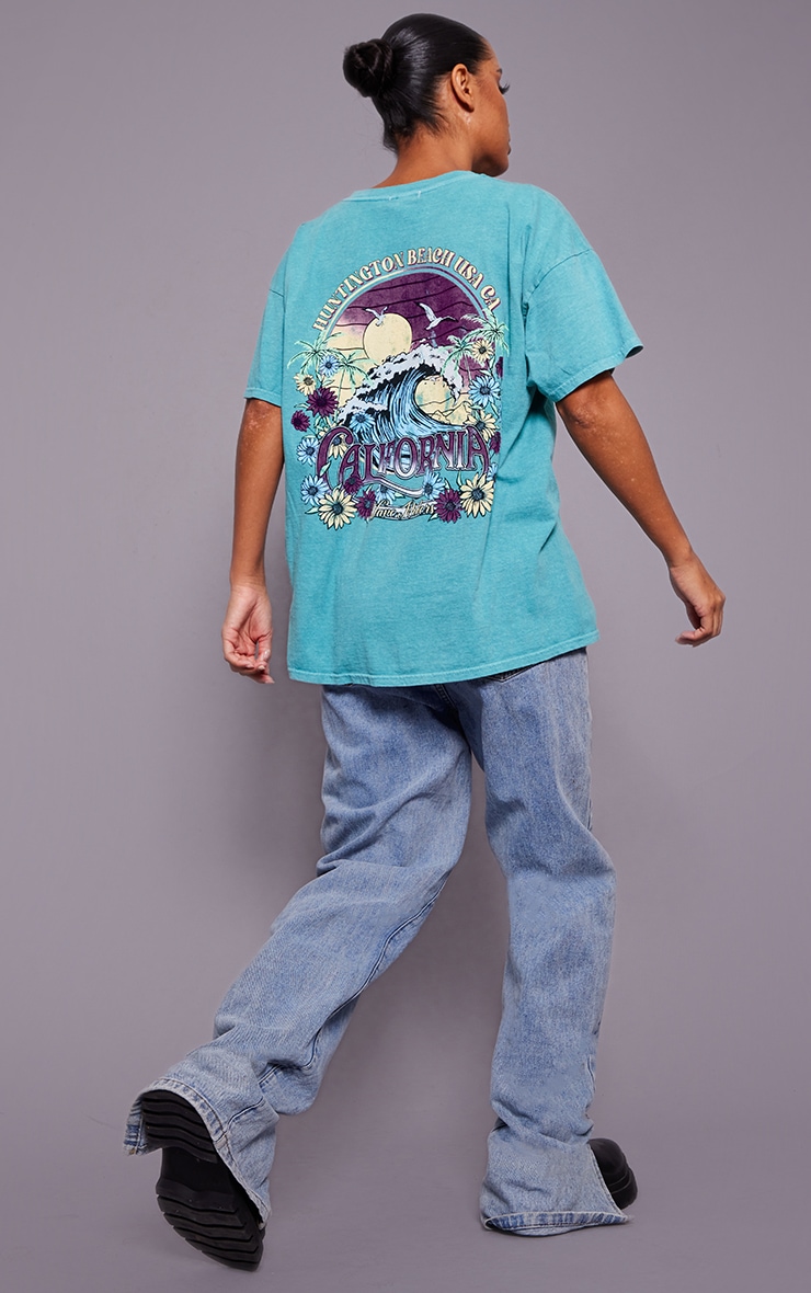 Sea Green Washed Huntington Beach Back Print Oversized Tshirt