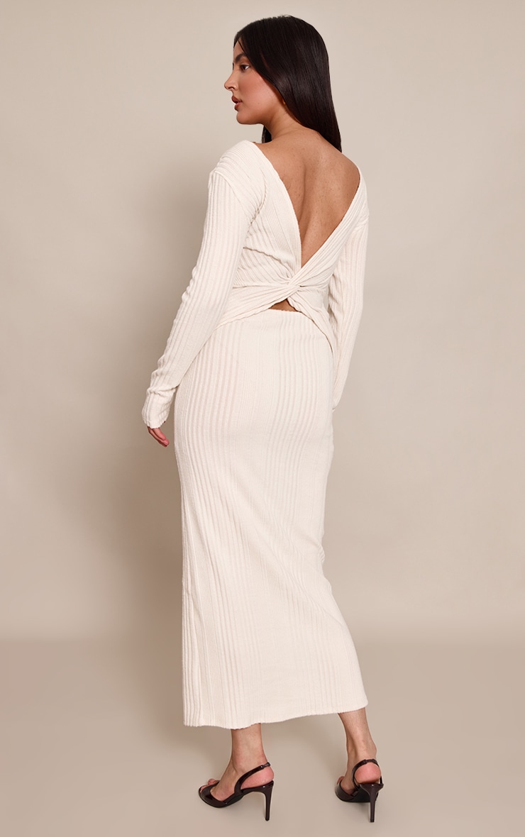 Cream Ribbed Low Back Detail Long Sleeve Maxi Dress image 2
