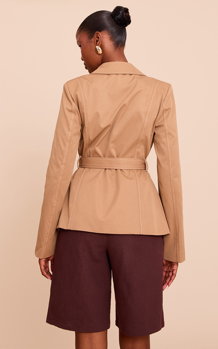 Beige Tie Waist Contrast Stitch Blazer image 2