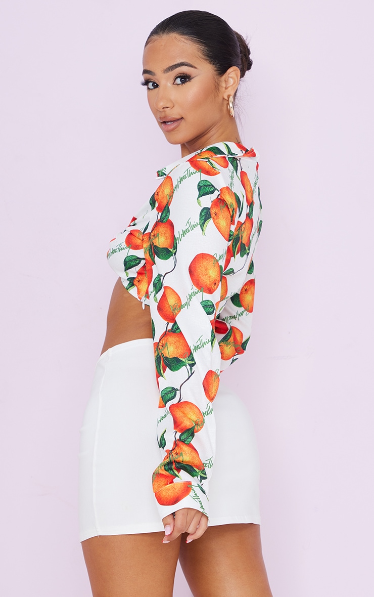 Petite White Orange Print Knot Front Shirt image 2