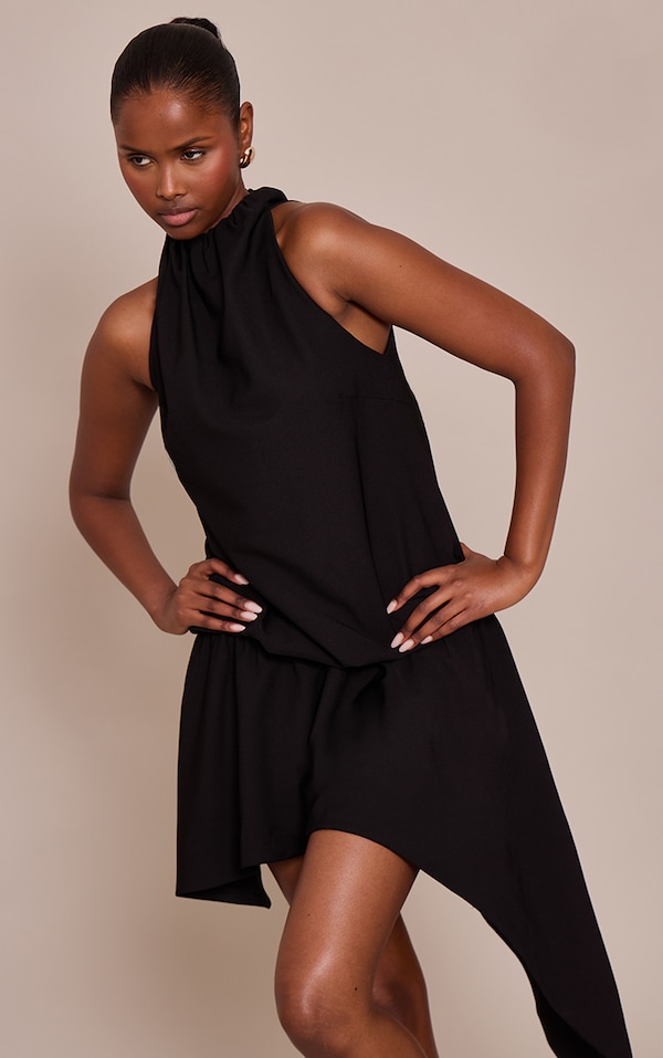 Black Woven Ruched Dropped Waist Hemy Hem Midi Dress