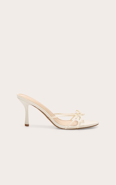 Ivory Satin Round Toe Bow Detail Mid Stiletto Heeled Mules