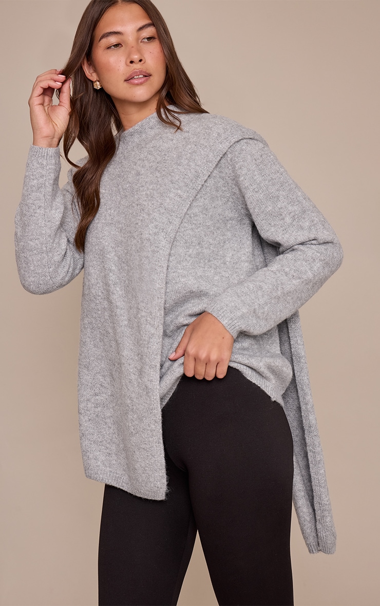 Grey Scarf Wrap Detail Knitted Jumper