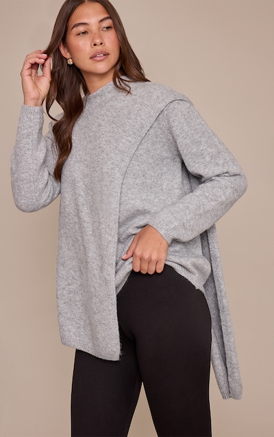 Grey Scarf Wrap Detail Knitted Jumper