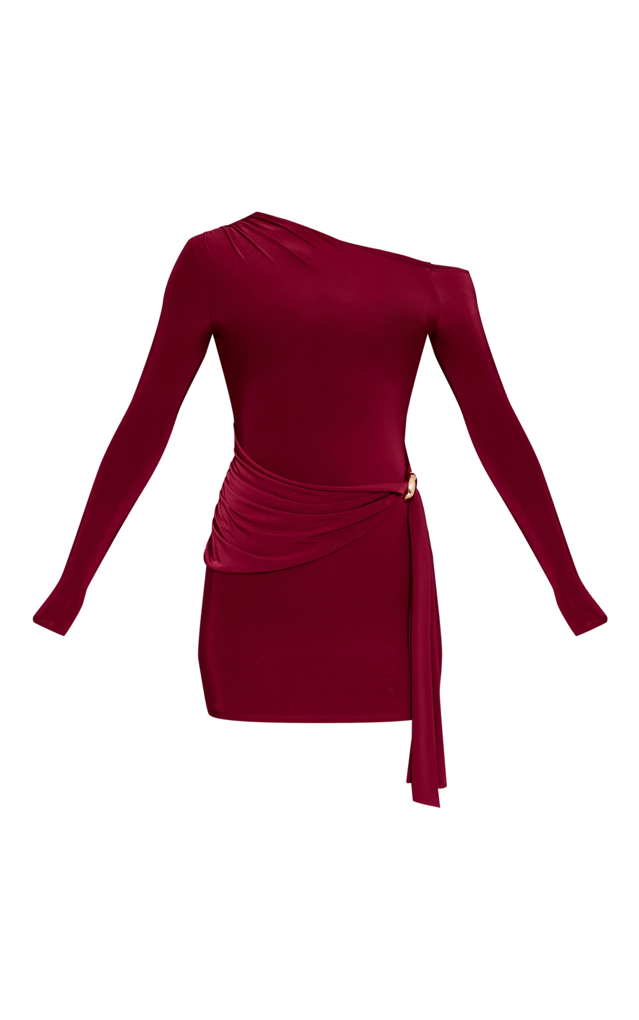 Burgundy Slinky Trim Detail Wrap Long Sleeve Mini Dress image 5