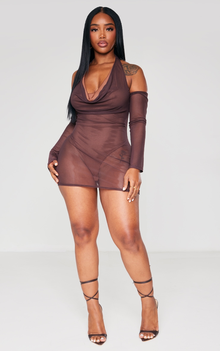 Shape Chocolate Brown Mesh Cowl Bodysuit Insert Bodycon Dress image 1