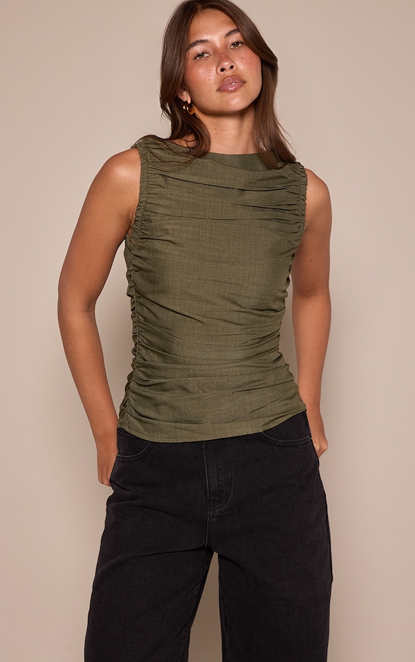 Khaki Woven Sleeveless Ruched Detail Top 