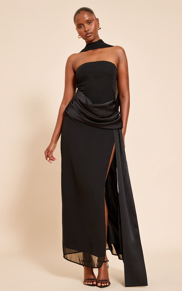 Robe bustier longue noire à détail drapé