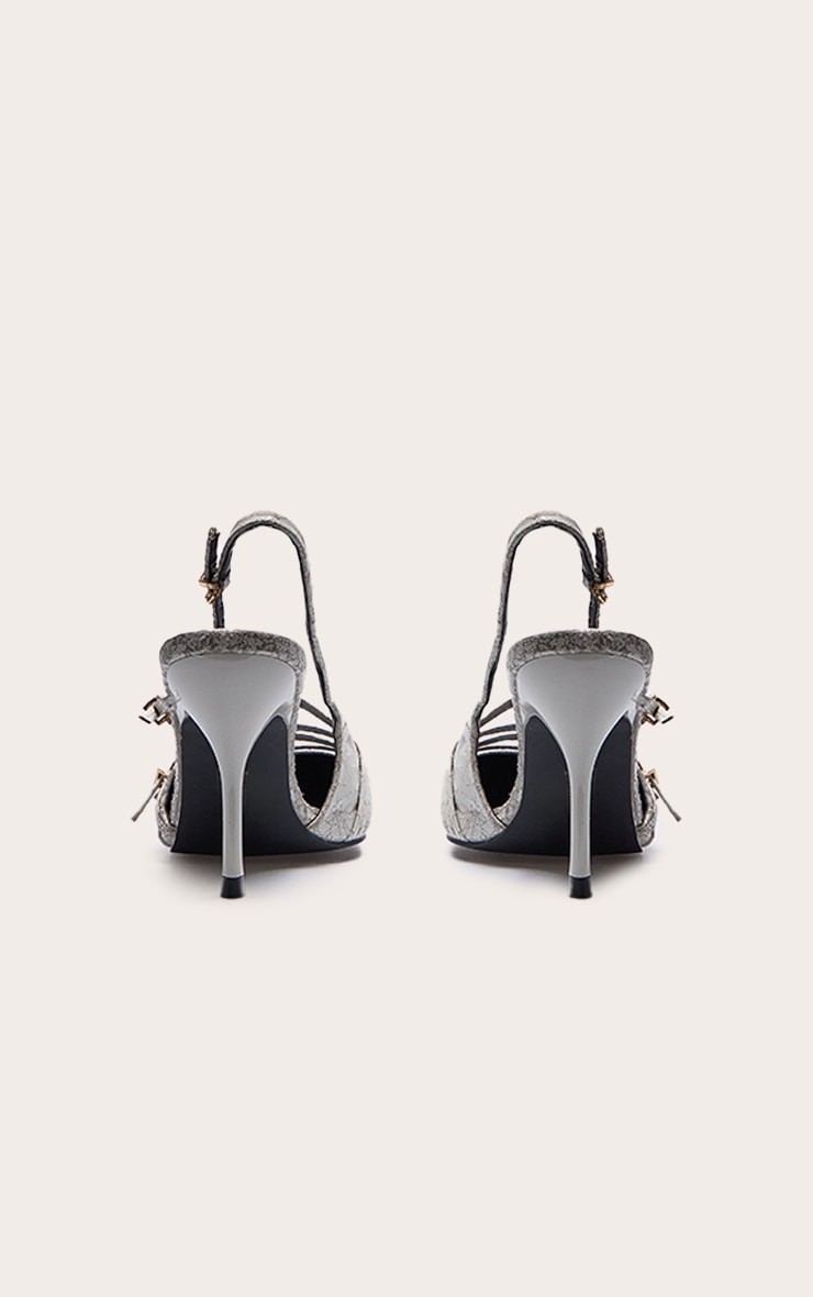 White Cracked Pu Point Toe Multi Buckle Low Heeled Court Shoes image 3