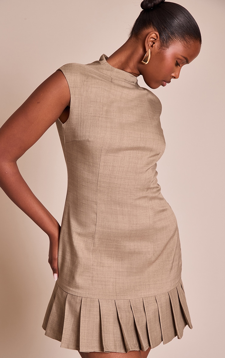 Beige Woven Pleated Hem Cap Sleeve Mini Dress image 1