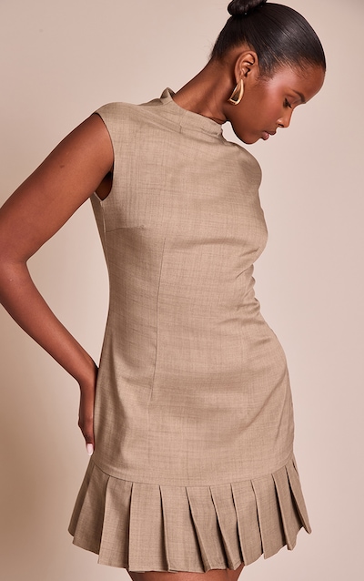Beige Woven Pleated Hem Cap Sleeve Mini Dress