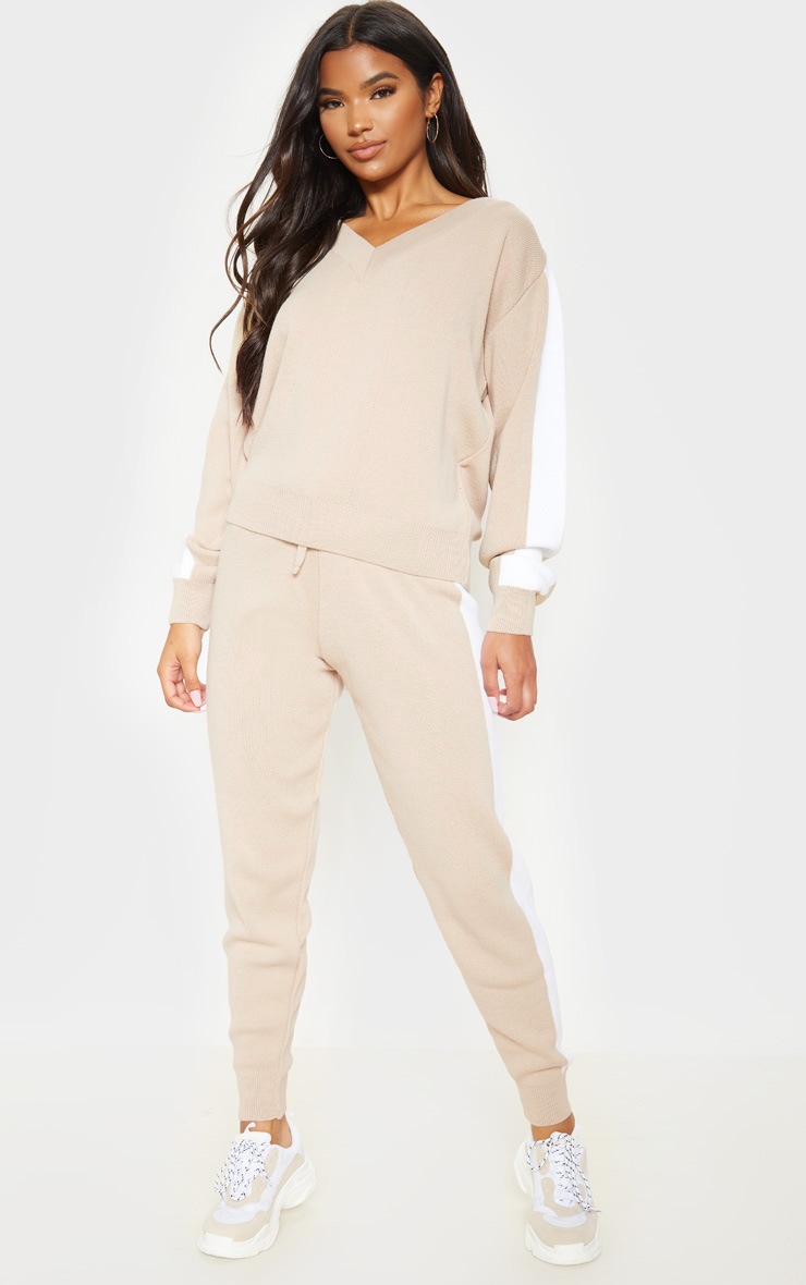 Ensemble lounge en maille tricot rayée contrastante crème