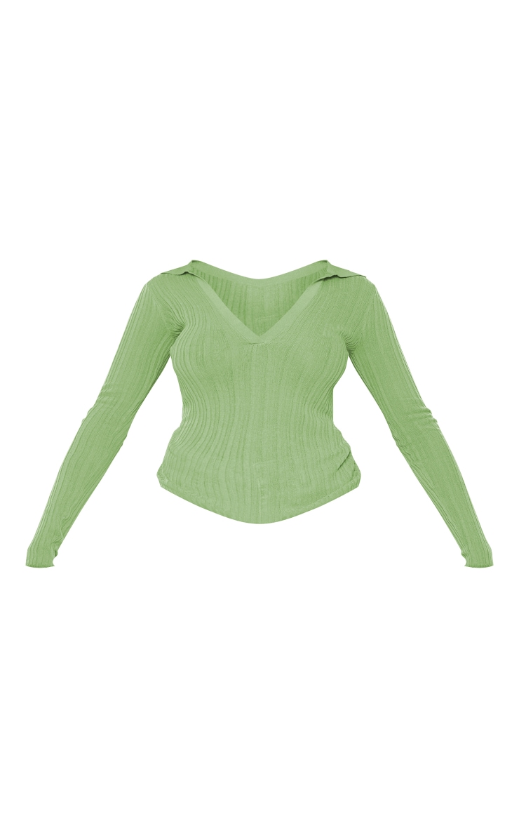 Pistachio Sheer Rib Knit V Neck Long Sleeve Top image 5