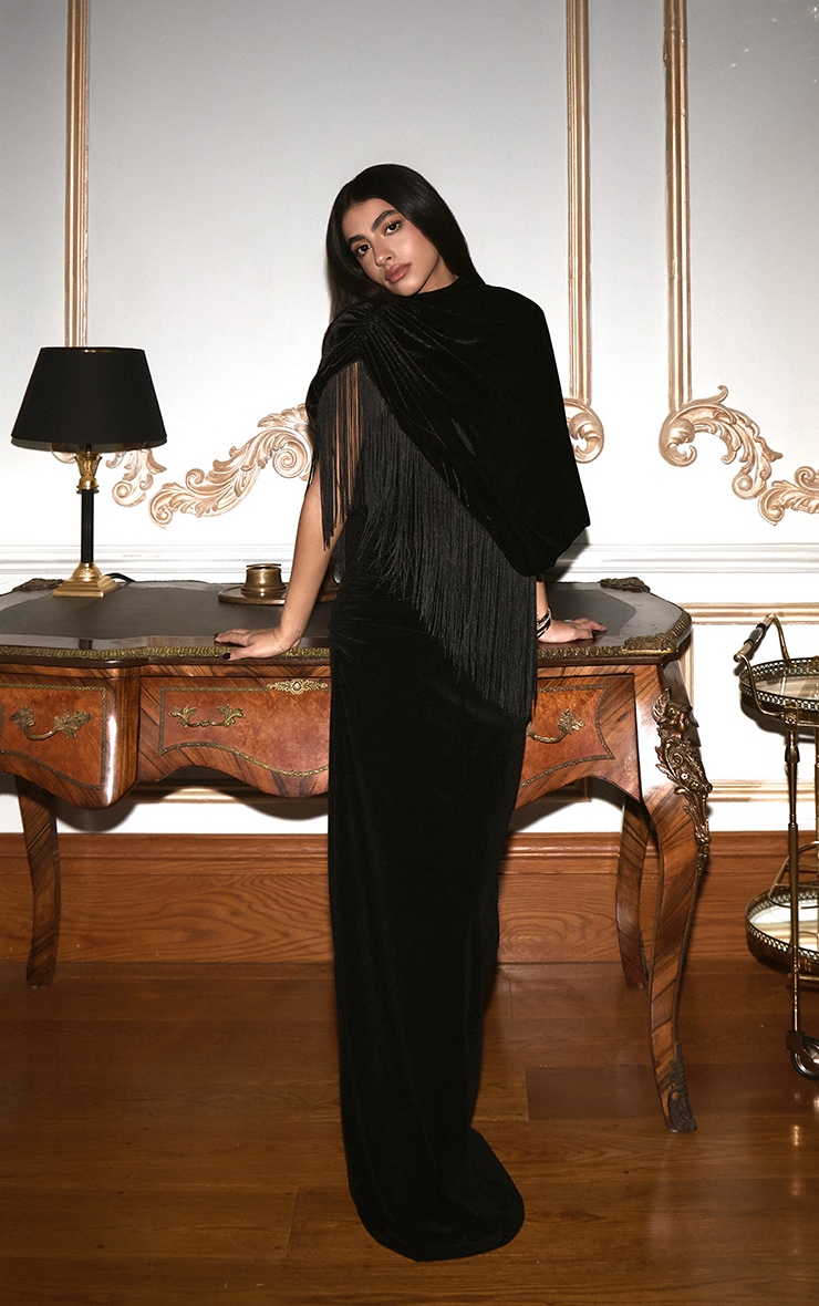 Black Velvet Extreme High Neck Ruched Maxi Dress image 5