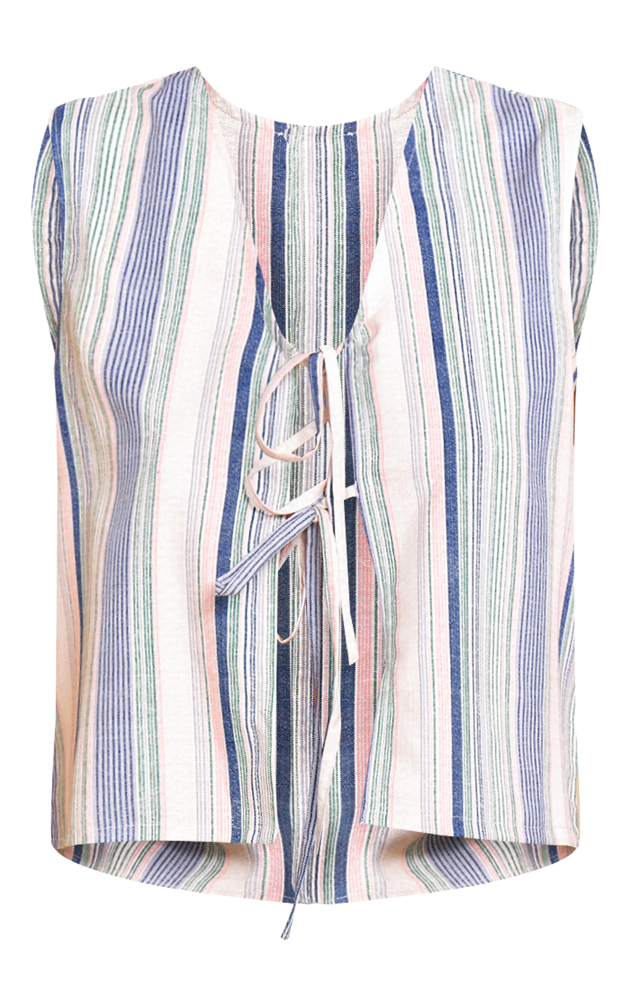 Pale Blue Linen Look Pinstripe Tie Front Vest image 5