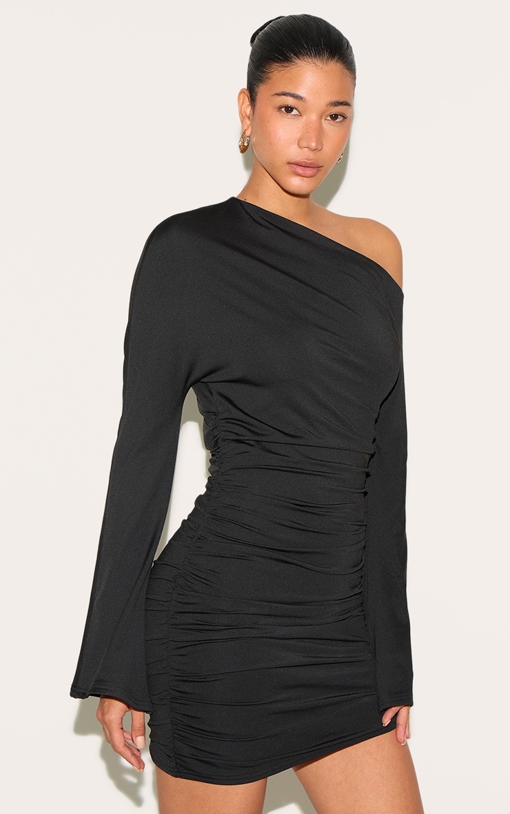 Black Soft Touch Ruched Long Sleeve Mini Dress image 1