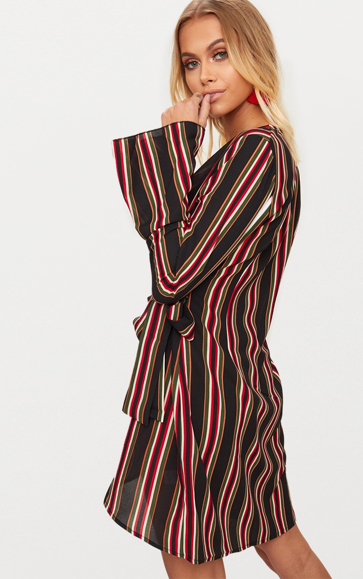 Khaki Striped Wrap Detail Long Fluted Sleeve Bodycon Dress ...