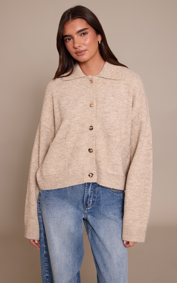 Oatmeal Brushed Knit Collar Cardigan image 1