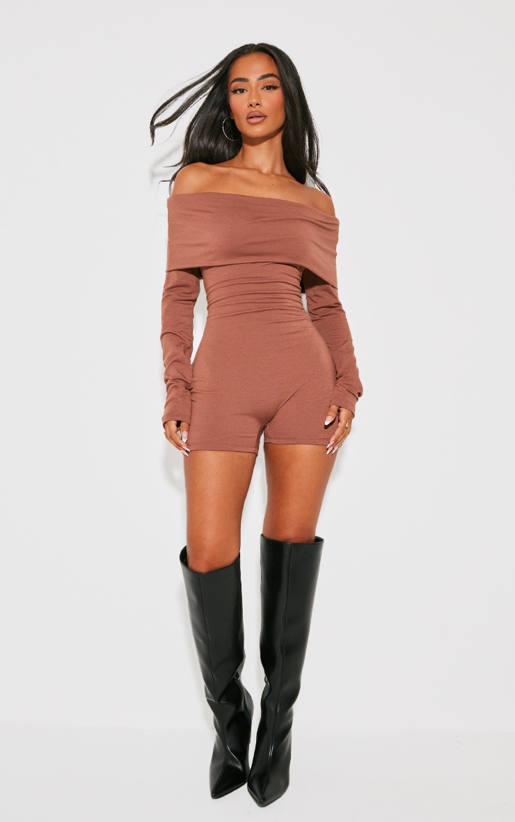 Petite Combishort en jersey chocolat à col bardot replié et contours image 3