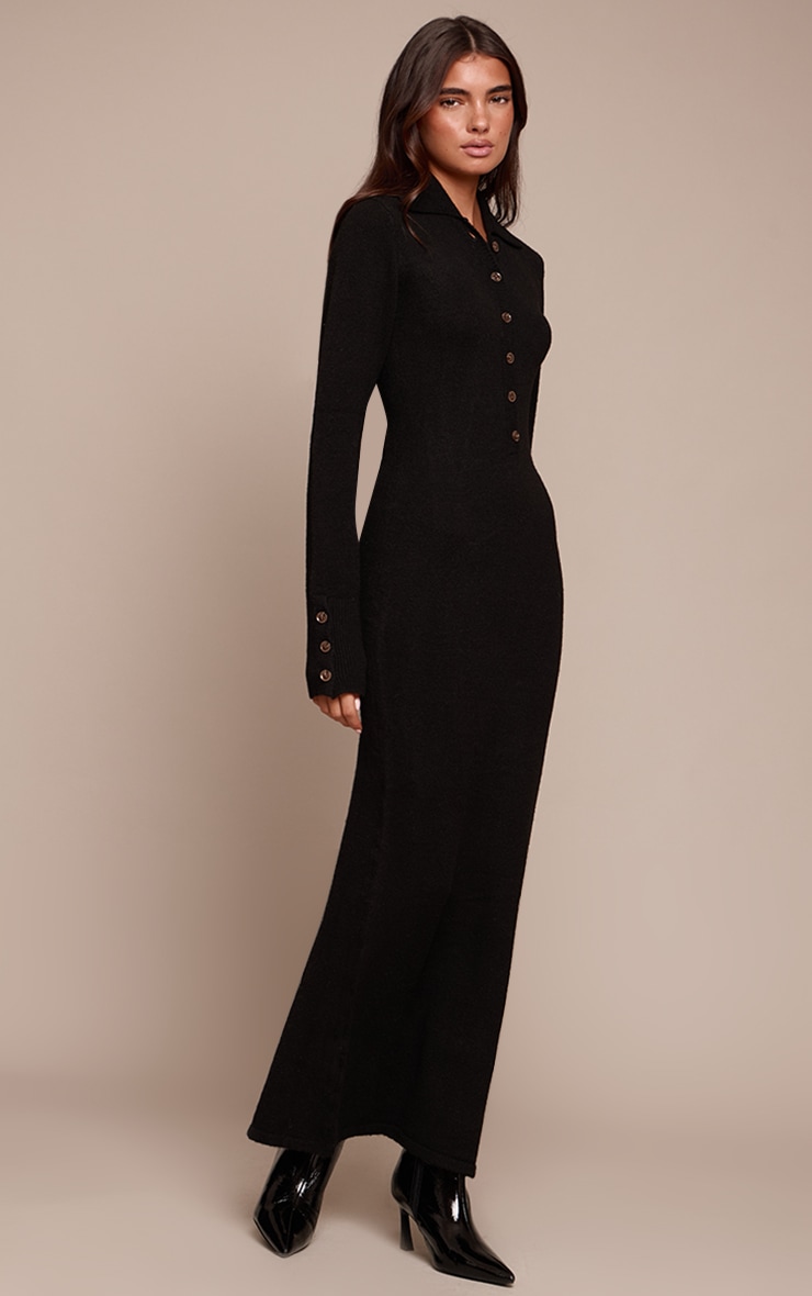 Black Soft Bobble Knit Button Up Collar Detail Maxi Dress image 1