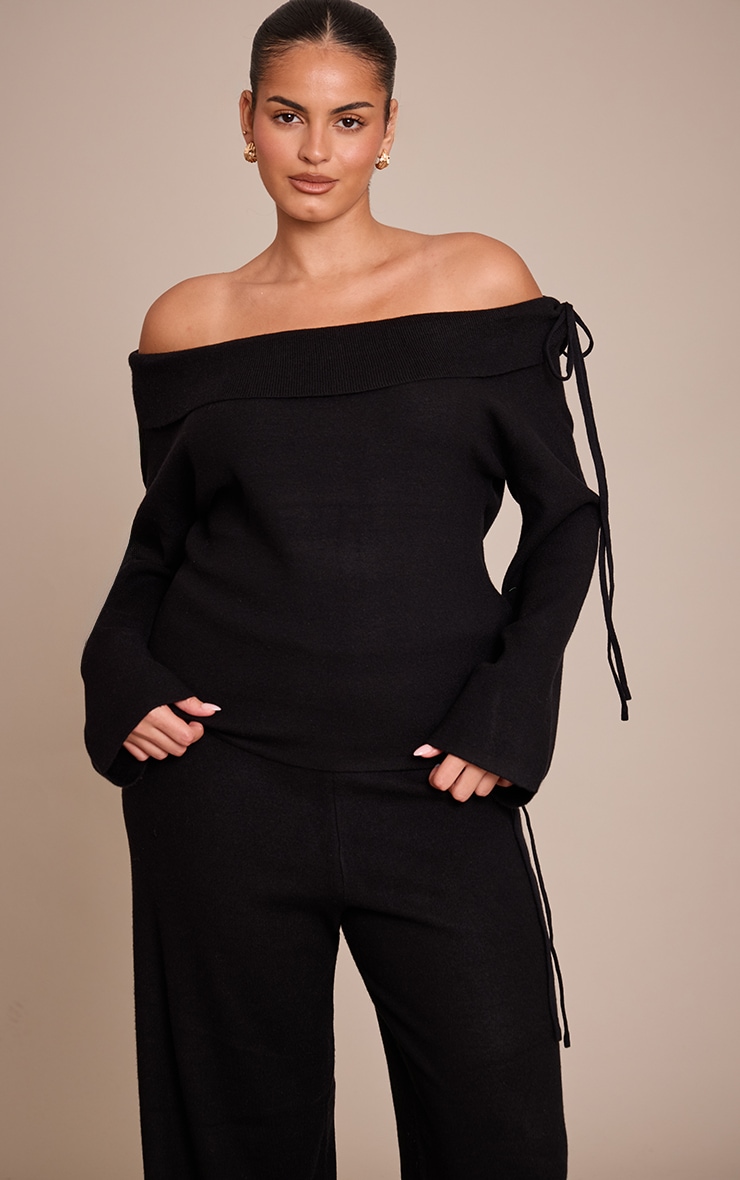 Plus Black Knitted Bardot Foldover Tie Detail Top