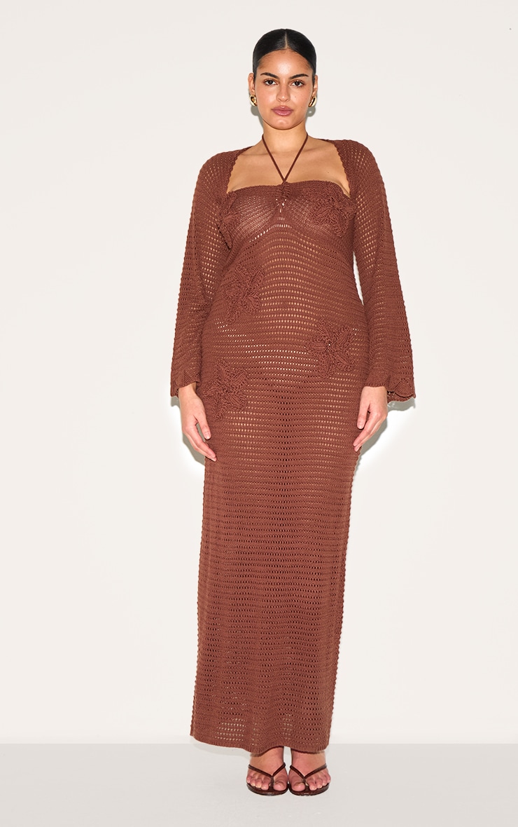 Plus Chocolate Flower Applique Long Sleeve Crochet Maxi Dress image 1