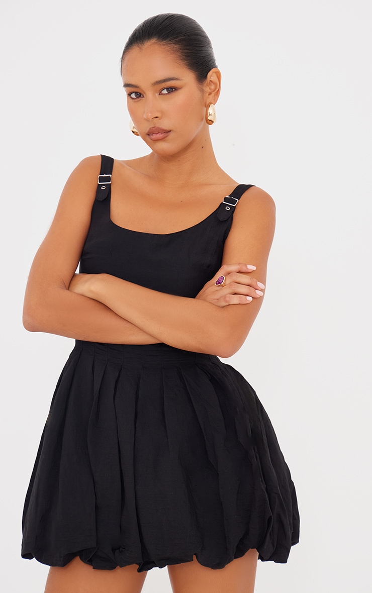 Black Textured Buckle Strap Puffball Dress image 4