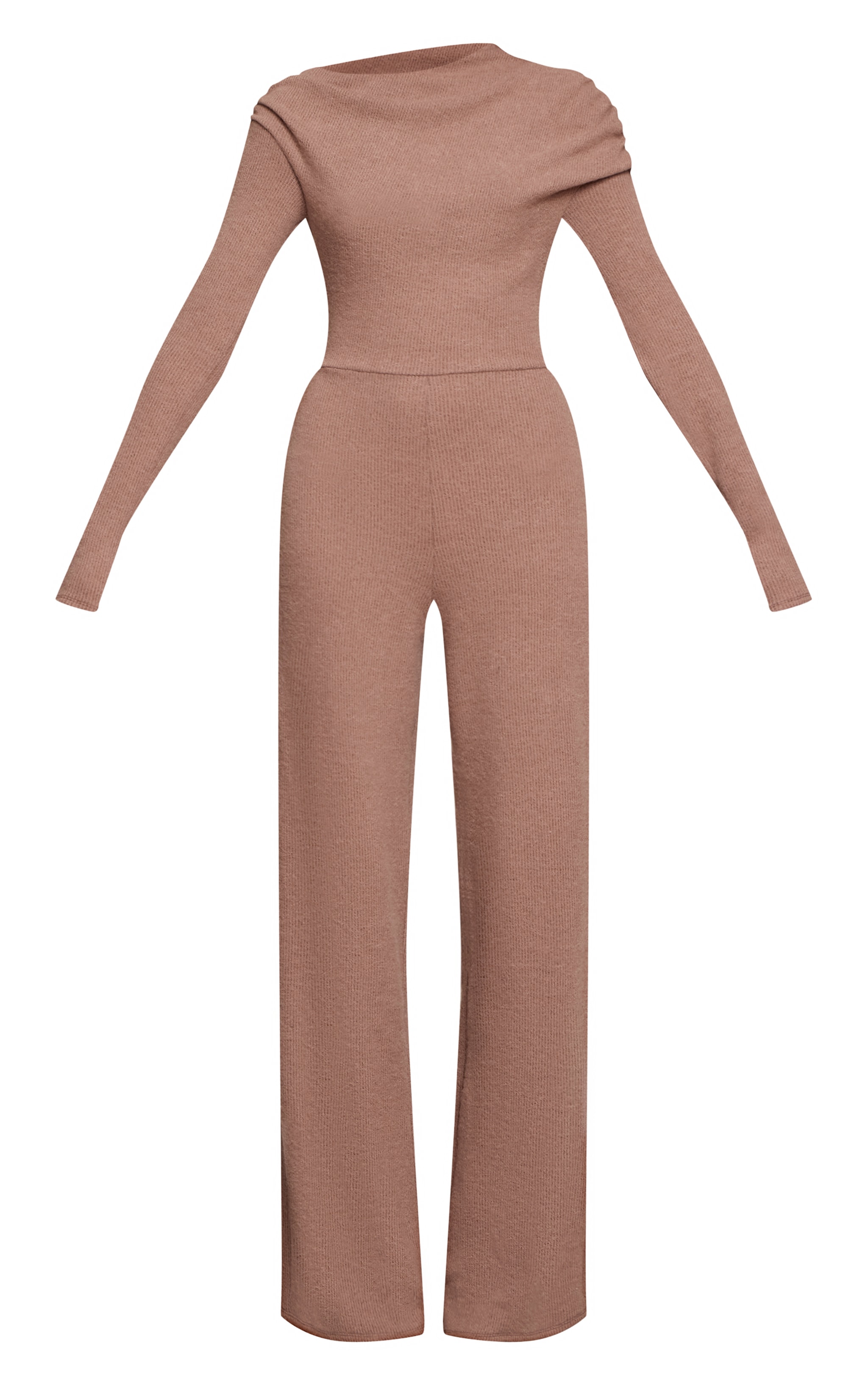 Oatmeal Ribbed Asymmetric Neck Wide Leg Jumpsuit image 5