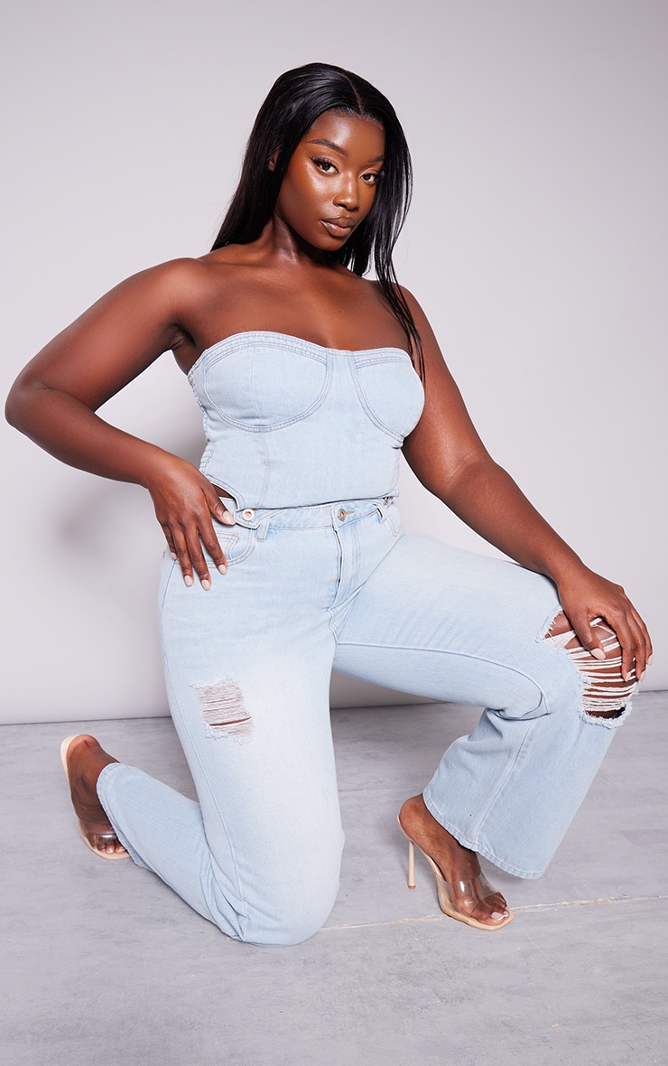 Plus Light Blue Wash Detachable Bandeau Denim Jumpsuit image 3