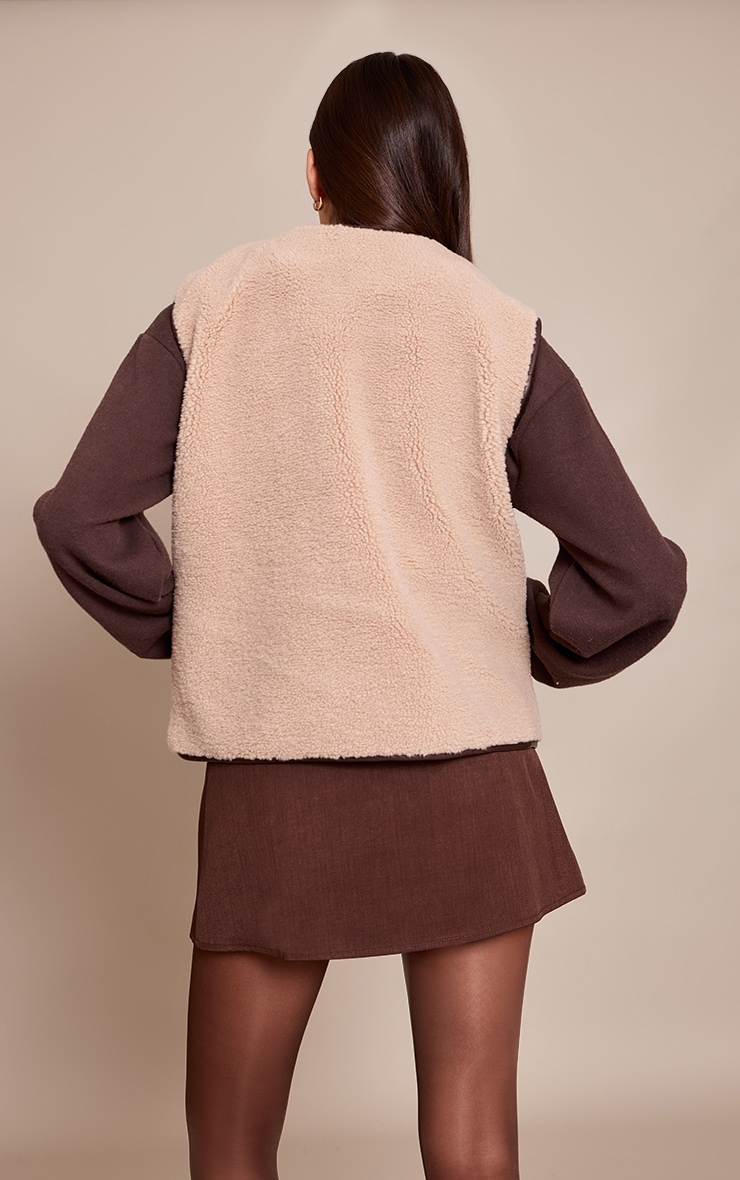 Beige Borg Faux Leather Trim Gilet image 2