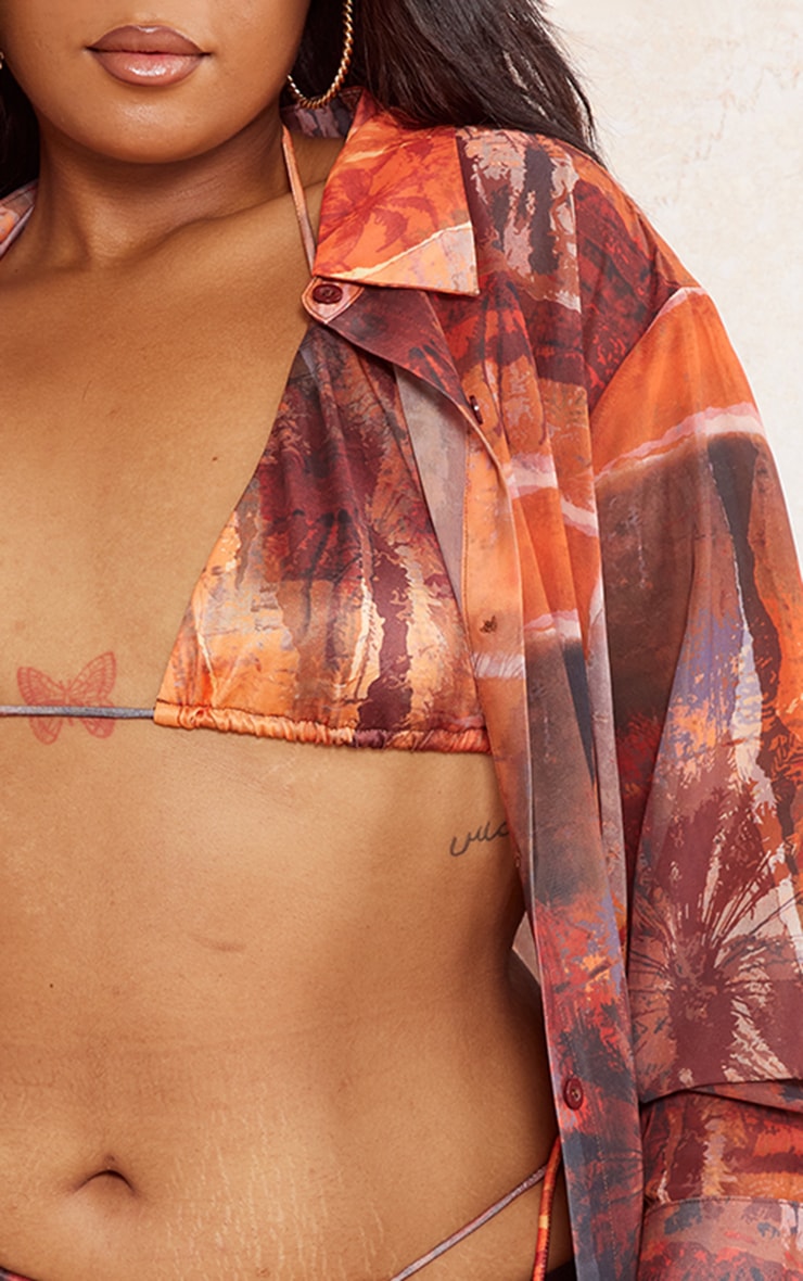 Plus Brown Abstract Printed Oversized Beach Shirt image 4