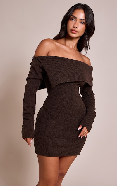 Petite Chocolate Knitted Foldover Asymmetric Dress