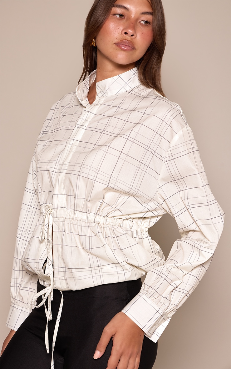 Cream Check Ruched Waist Tie Top  image 4