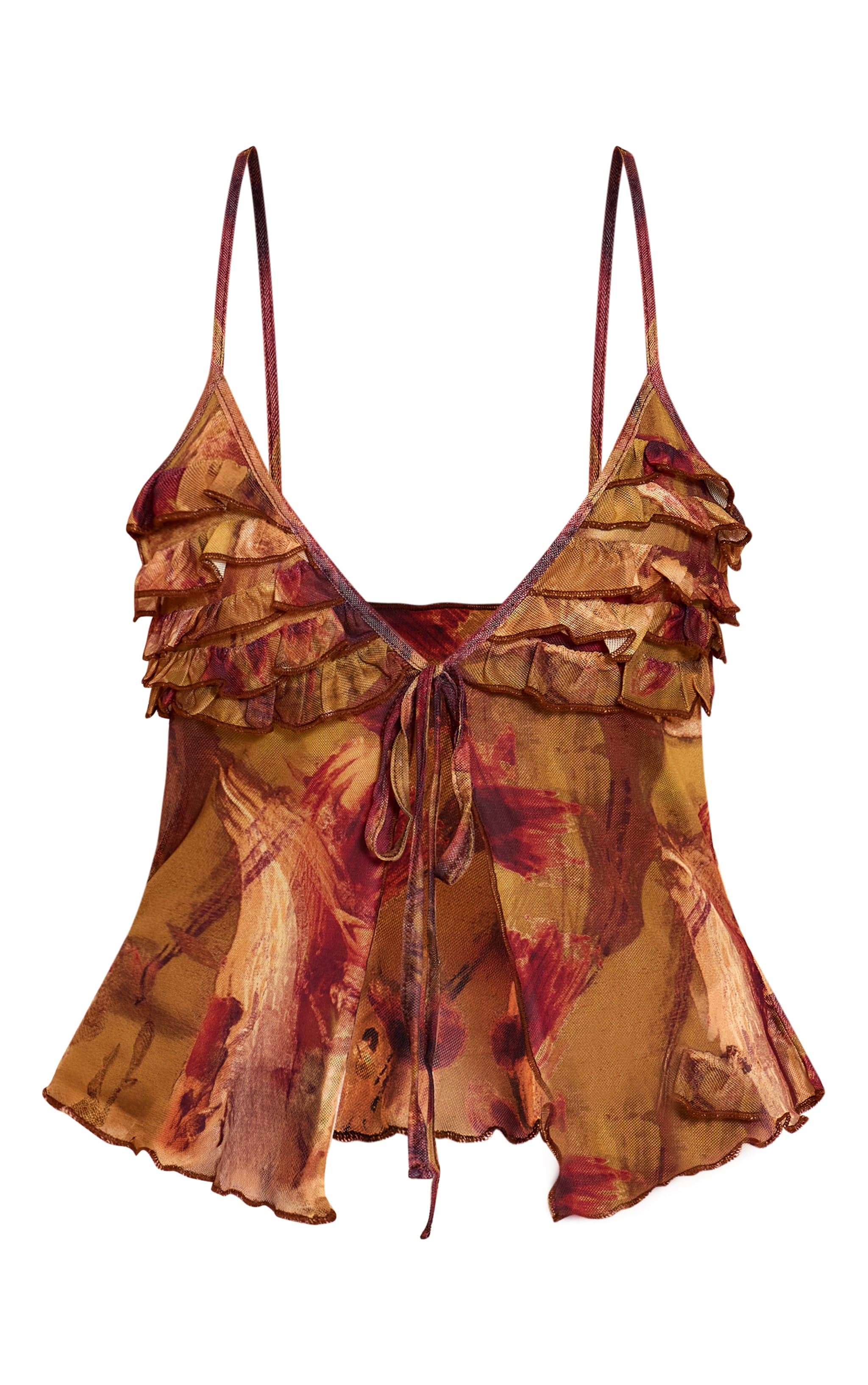Olive Abstract Printed Mesh Ruffle Bust Tie Front Top image 5