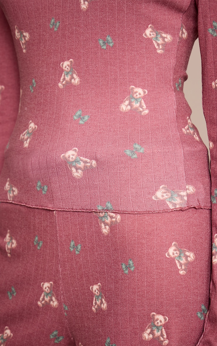 Red Teddy Bear Pointelle Long Sleeve Top and Shorts PJ Set image 4