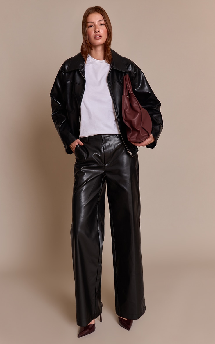 Black Straight Leg Faux Leather Trousers image 1