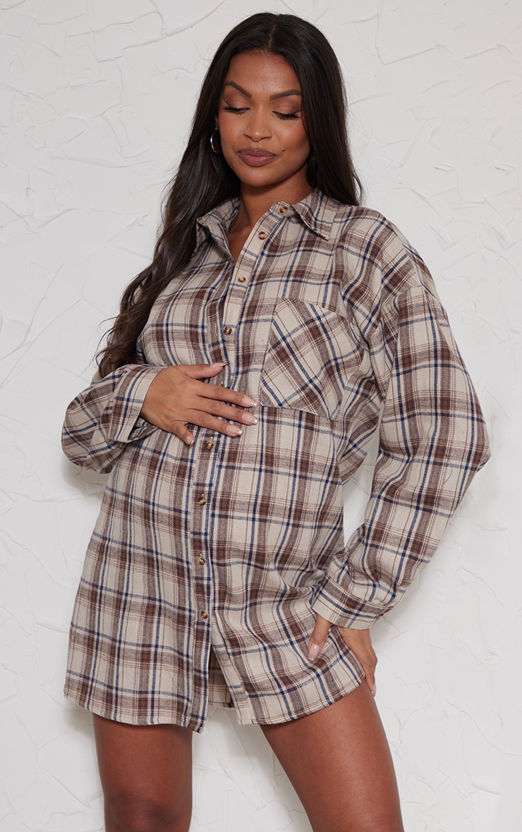 Maternity Brown Check Brushed Flannel Oversized Curved Hem Shirt Dress image 1