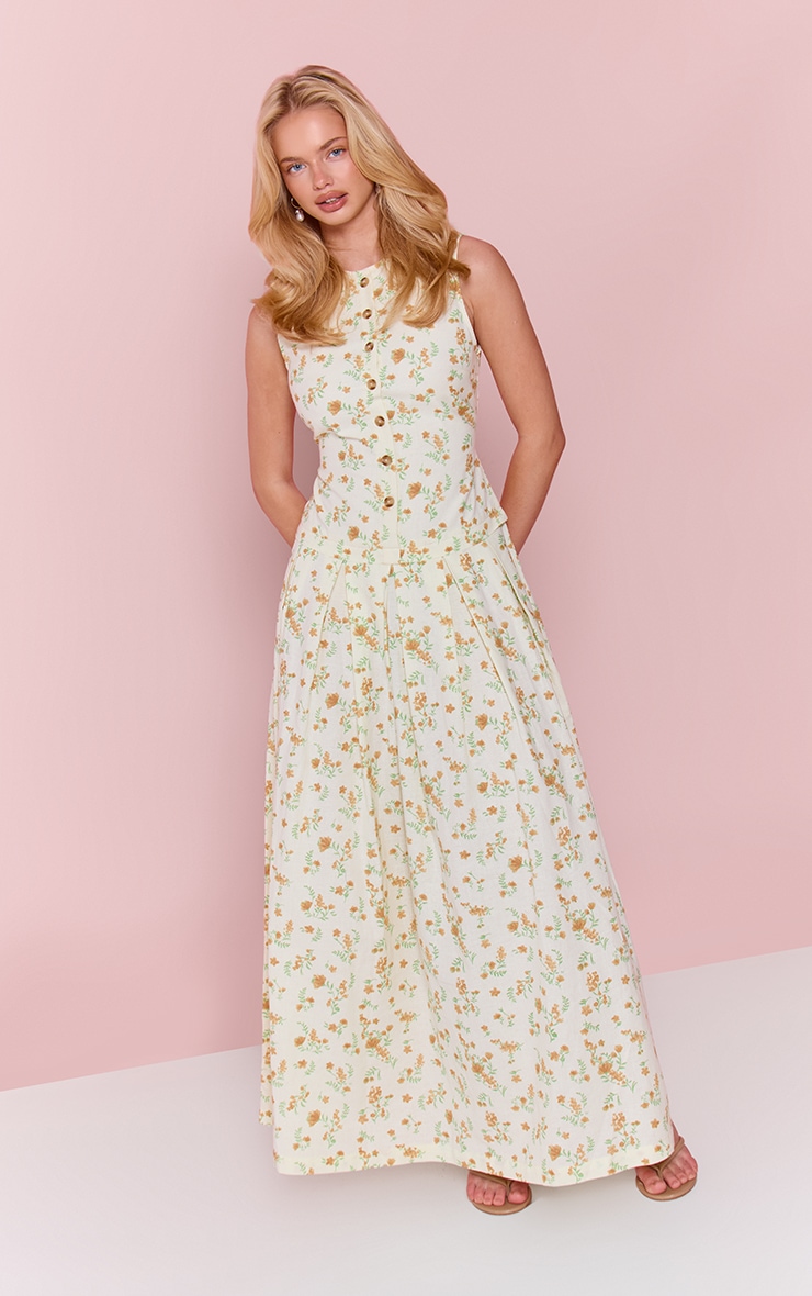 Lemon Printed Linen Look Button Down Dropped Waist Maxi Dress