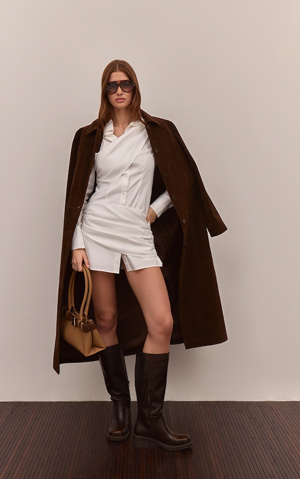 White Cotton Poplin Wrap Detail Long Sleeve Shirt Dress