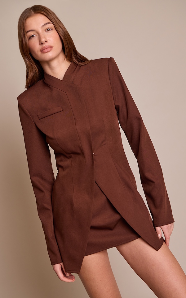 Chocolate Tailored Overlap Long Sleeve Bodycon Dress