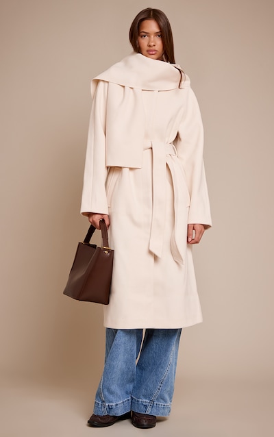 Cream High Neck Scarf Wool Look Maxi Coat