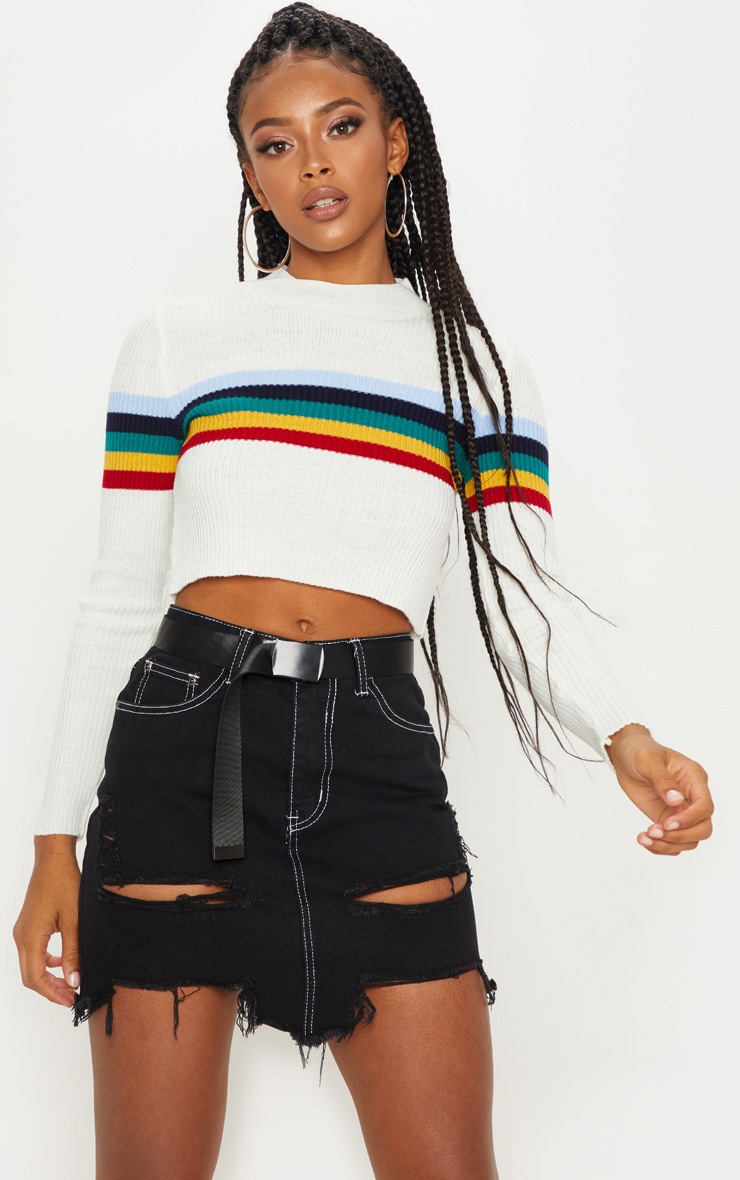 Black Contrast Stitch Distressed Denim Mini Skirt