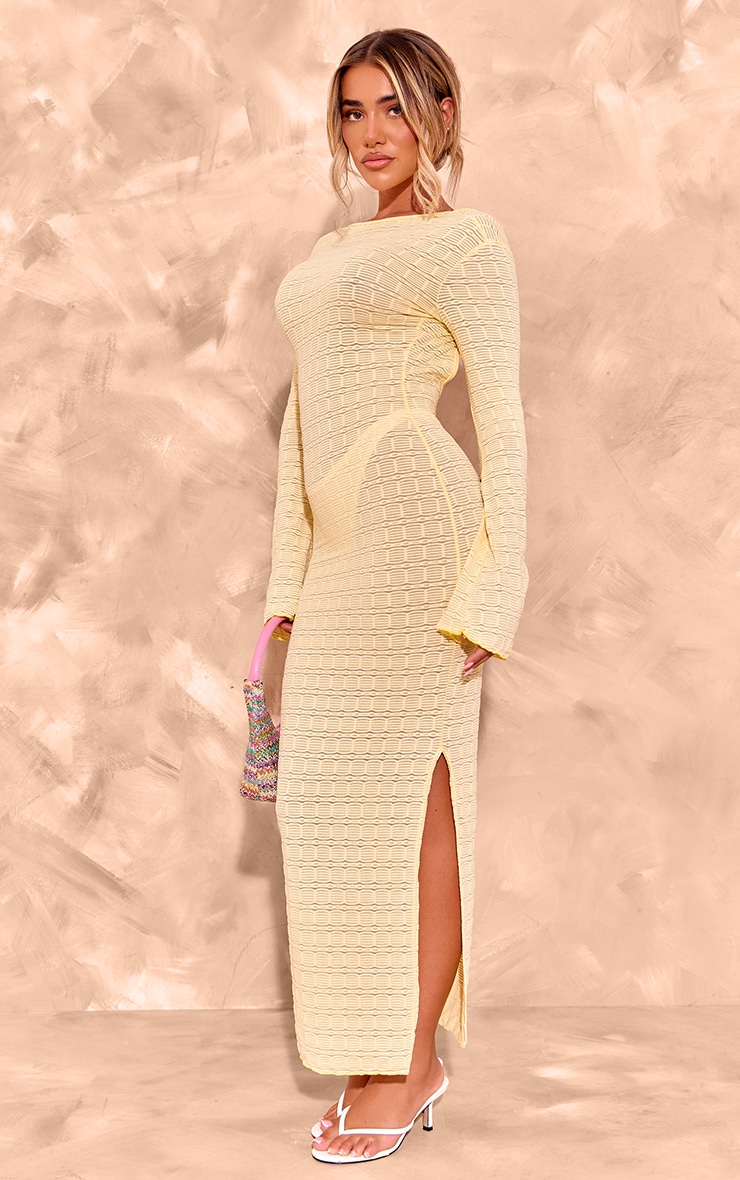 Lemon Textured Mesh Scoop Back Flare Sleeve Maxi Dress image 3