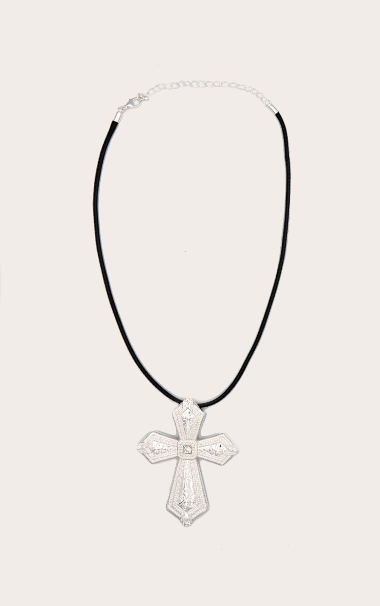 Silver Oversized Cross Cord Necklace image 2