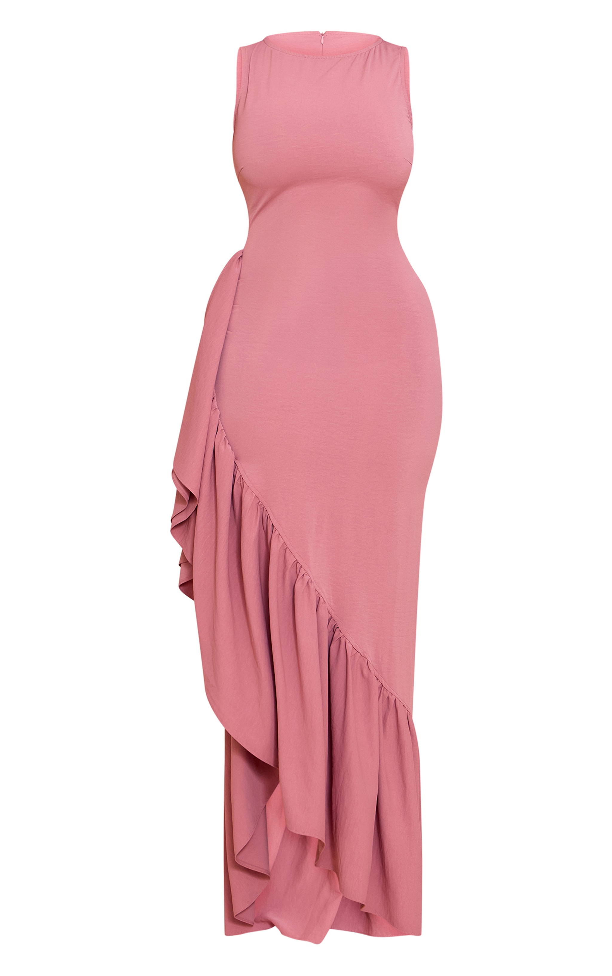 Robe longue tissée stretch rose fendue à col bateau et volants image 5