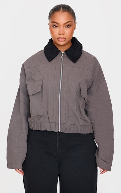 Plus Veste en maille sergée gris foncé à col contrastant