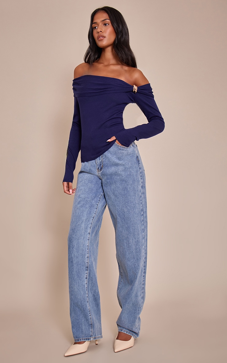 Tall Top en maille tricot bleu marine à épaules torsadées et manches longues image 3