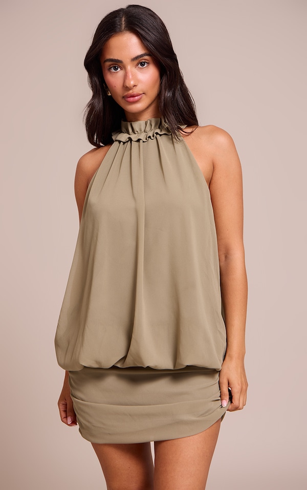 Petite Khaki Ruffle Neck Dress